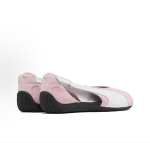 Puma Speedcat Ballet open-toe pink white shoes back view showing heel construction and gold cat logo.
