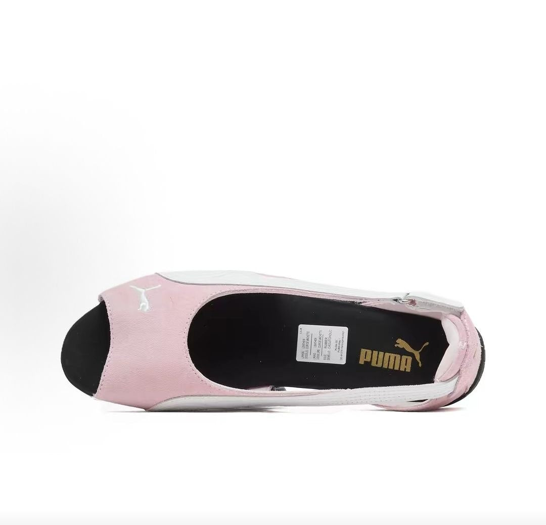 Puma Speedcat Ballet open-toe pink white shoes top perspective view showing black insole padding.