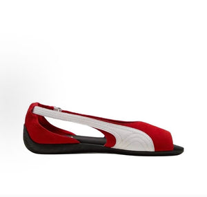 Puma Speedcat Ballet open-toe red white women shoes profile view showing red suede upper finish.