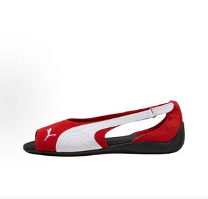 Puma Speedcat Ballet open-toe red white shoes side view displaying white formstrip and cutout design.