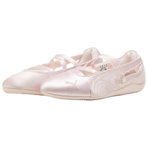 Pair of original Puma Speedcat Ballet satin pink shoes front angle view on white background.