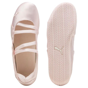 Puma Speedcat Ballet satin pink shoes top insole view and matching pink rubber outsole pattern.