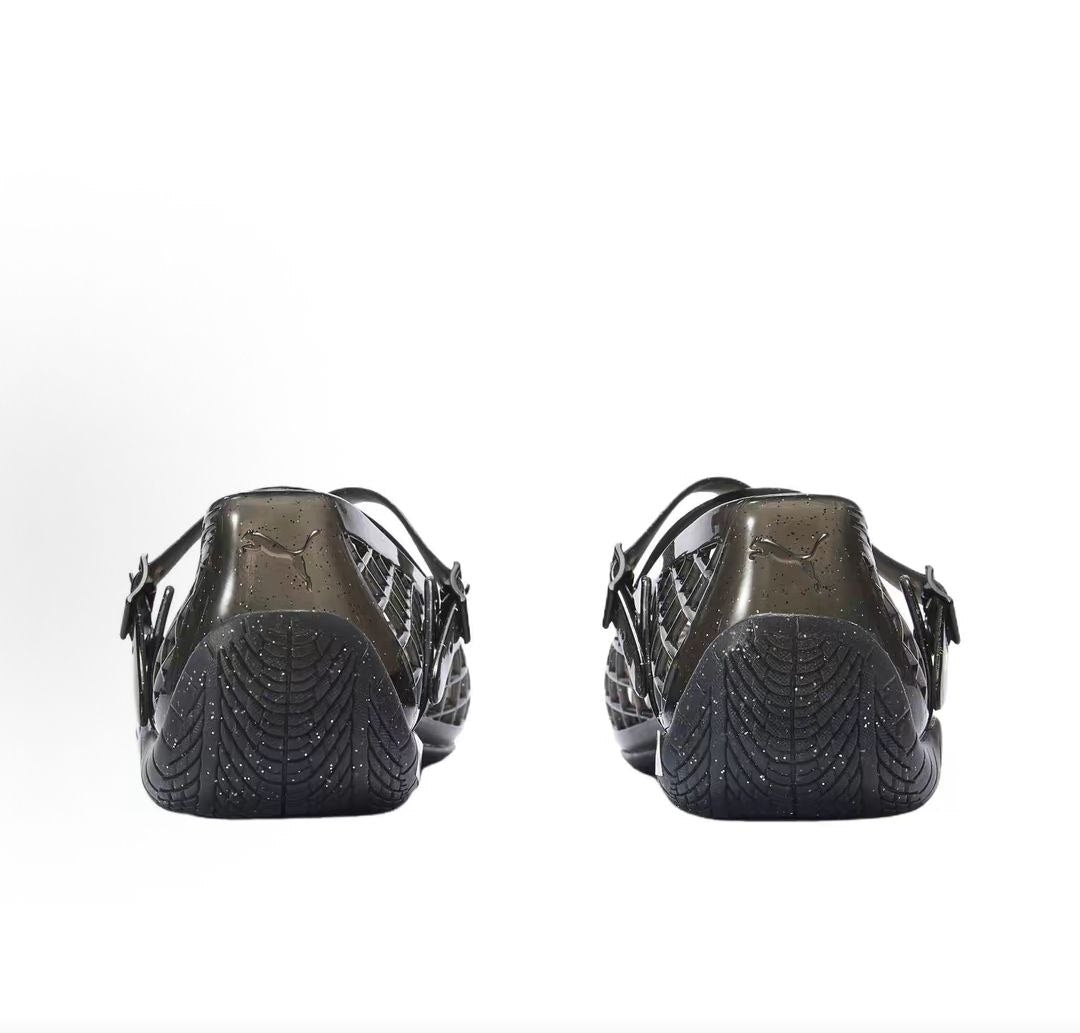 Puma Speedcat Ballet Strap black jelly shoes back view displaying translucent heel design.