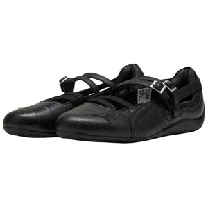 Pair of original Puma Speedcat Ballet Strap black leather shoes front angle view.