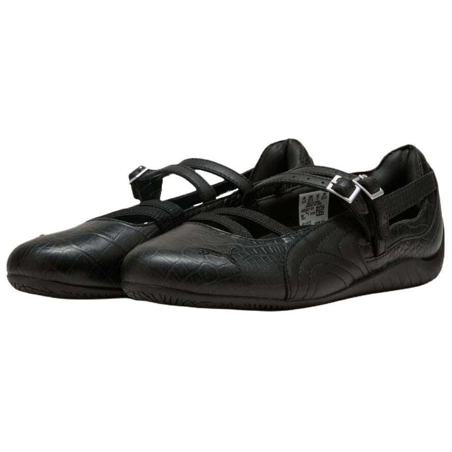 Pair of original Puma Speedcat Ballet Strap black leather shoes front angle view.
