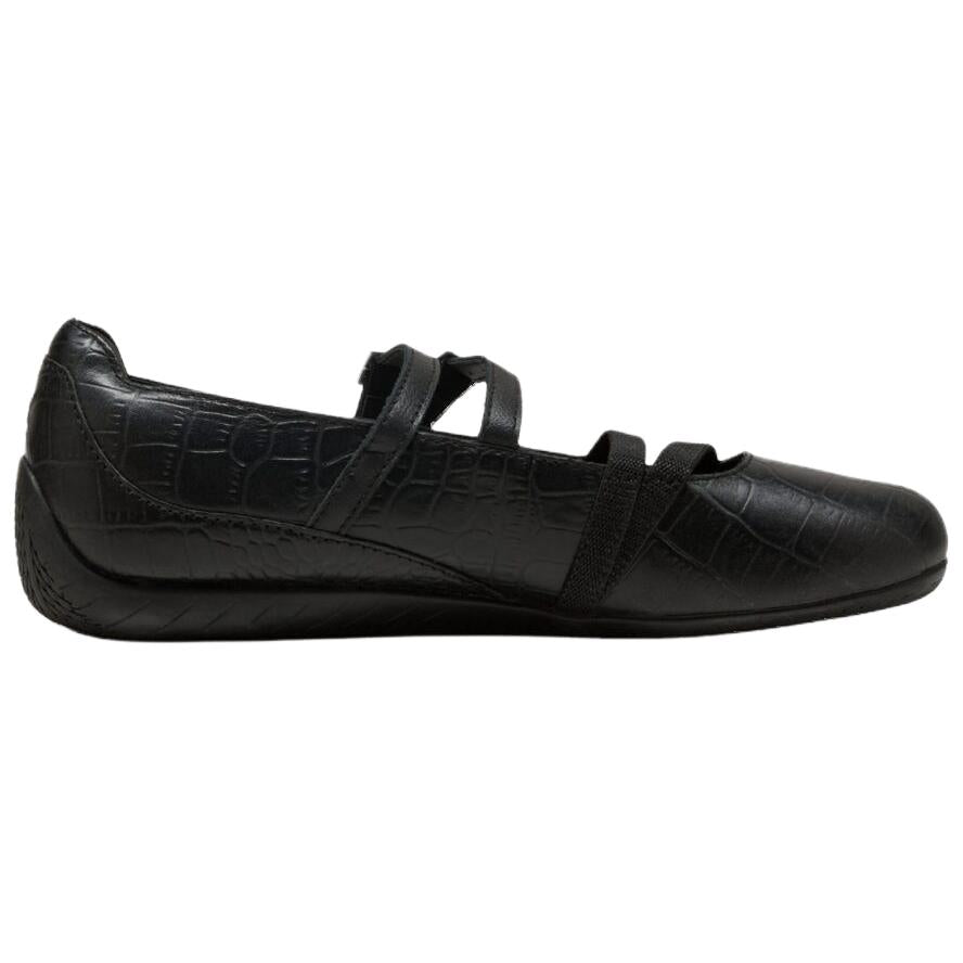 Puma Speedcat Ballet Strap black leather women shoes profile view showing sleek silhouette.