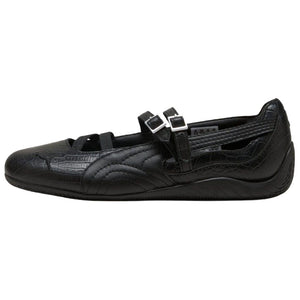 Puma Speedcat Ballet Strap black leather shoes side view displaying double buckle design.