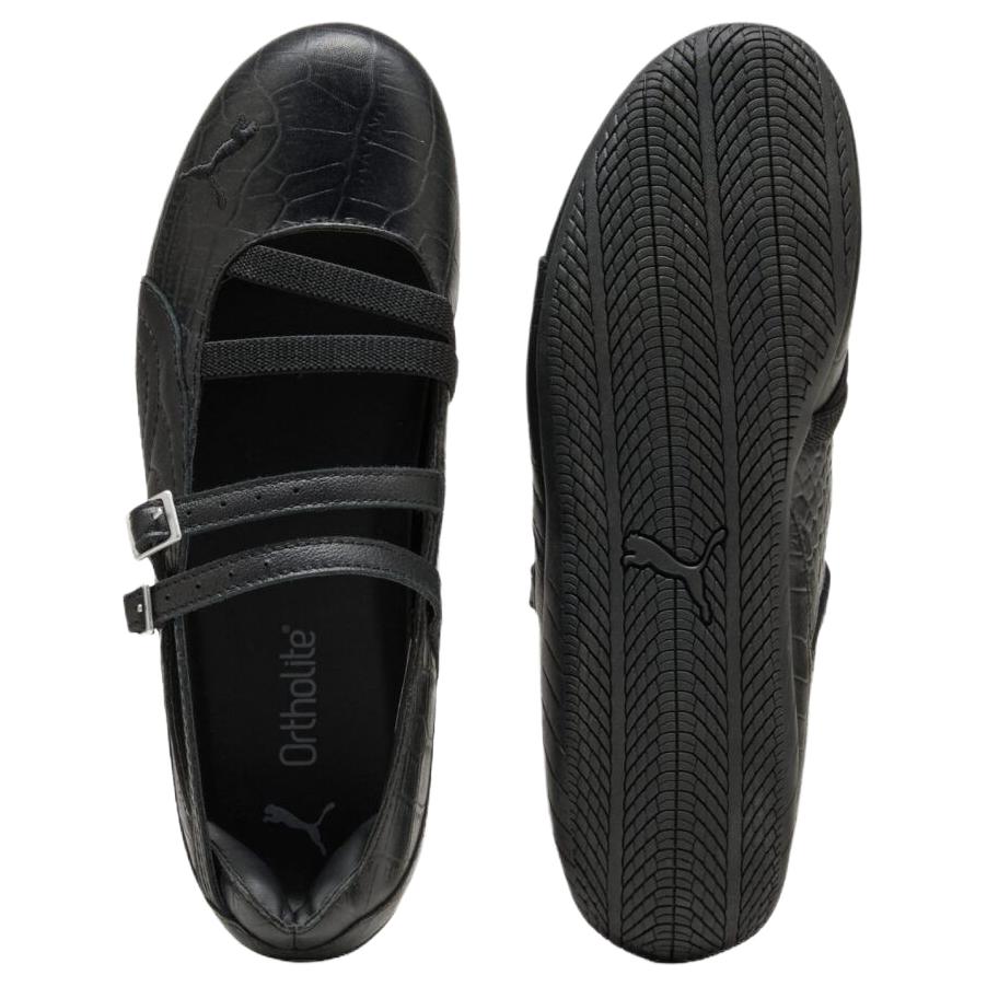 Puma Speedcat Ballet Strap black leather shoes top insole view and bottom rubber outsole pattern.