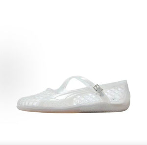 Puma Speedcat Ballet Strap clear jelly shoes side view displaying translucent woven design.