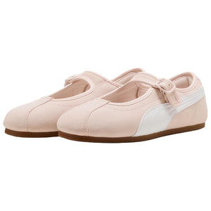 Pair of original Puma Speedcat Ballet Strap pink white shoes front angle view on white background.