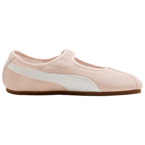 Puma Speedcat Ballet Strap pink white women shoes profile view showing suede upper and gum sole.