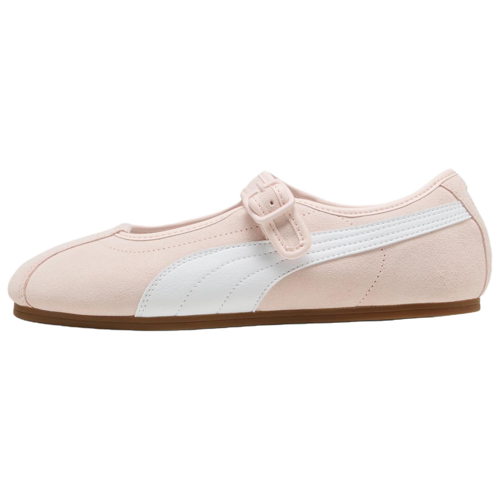 Puma Speedcat Ballet Strap pink white shoes side view displaying white formstrip and buckle strap.