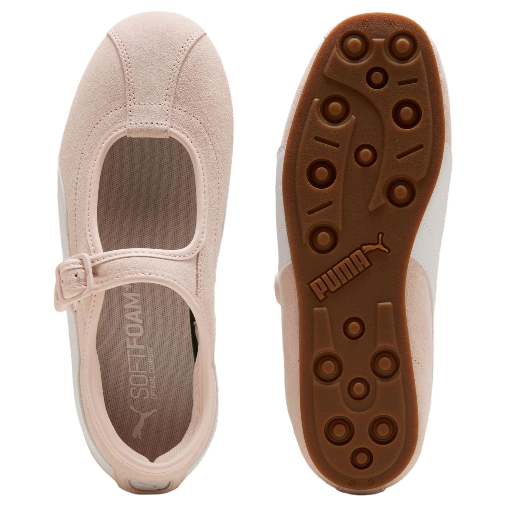 Puma Speedcat Ballet Strap pink white shoes top softfoam insole view and brown rubber outsole pattern.