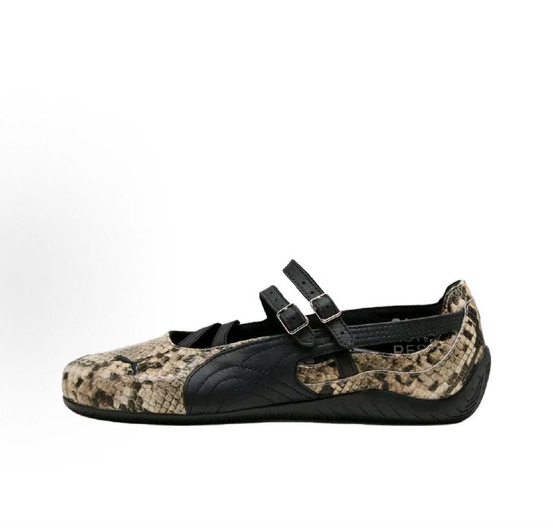 Puma Speedcat Ballet Strap snakeskin shoes side view displaying black double buckle straps.