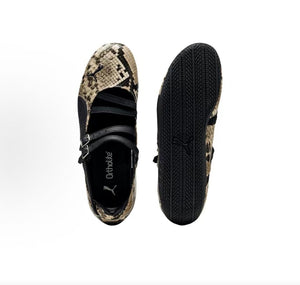 Puma Speedcat Ballet Strap snakeskin shoes top insole view and black rubber outsole pattern.