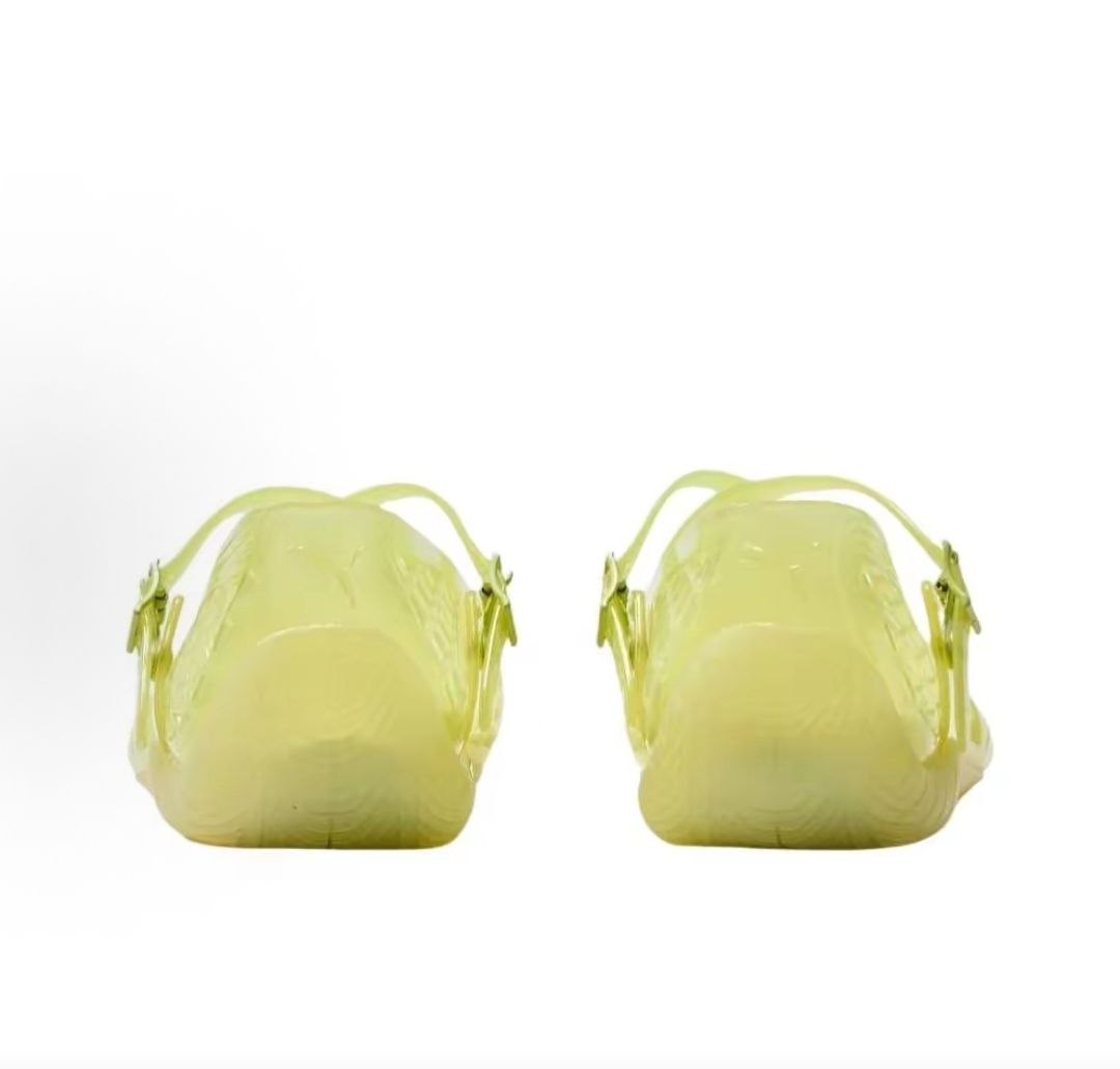 Puma Speedcat Ballet Strap yellow jelly shoes back view displaying translucent heel design.