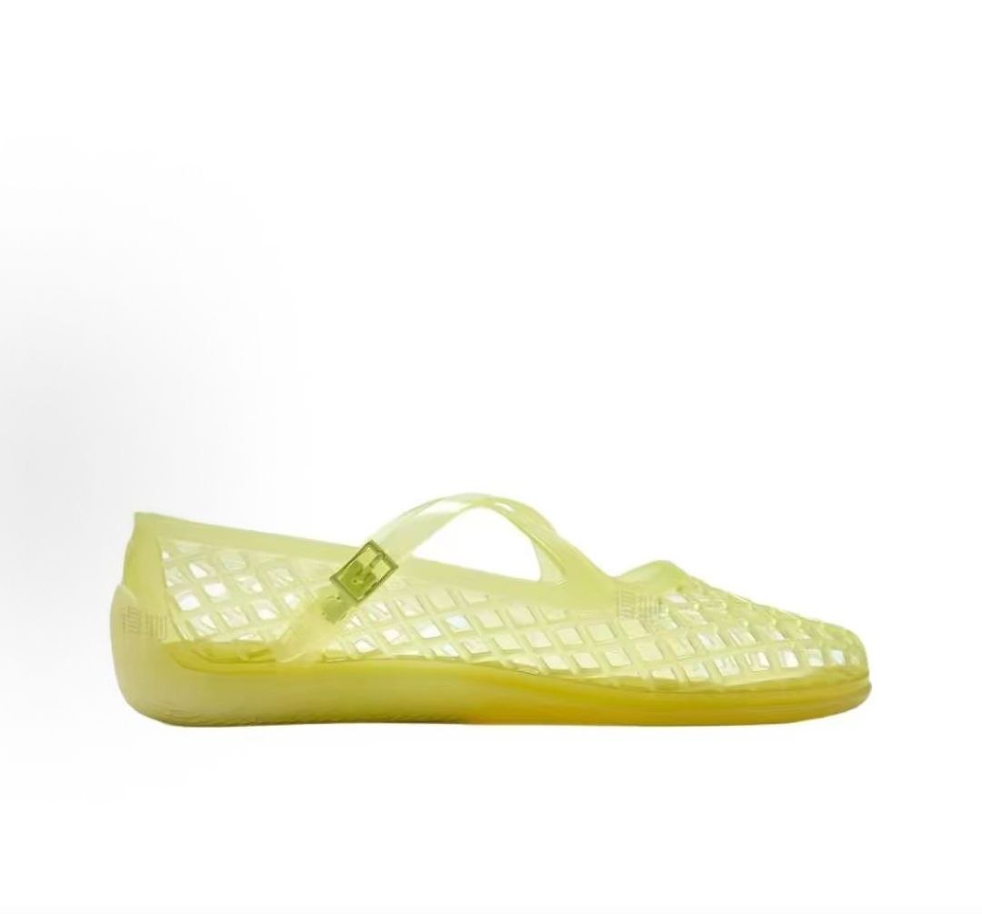 Puma Speedcat Ballet Strap yellow jelly women shoes profile view showing buckle strap detail.