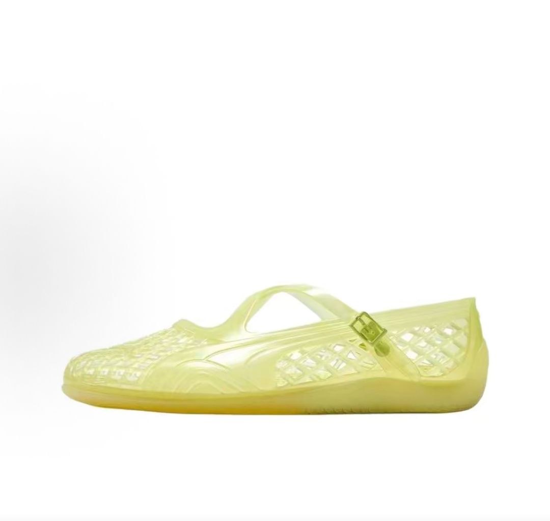 Puma Speedcat Ballet Strap yellow jelly shoes side view displaying translucent woven design.
