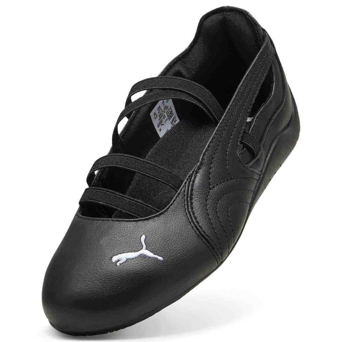 Puma Speedcat Ballet triple black shoe front angle view showing white Puma cat toe logo.