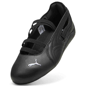 Puma Speedcat Ballet triple black shoe front angle view showing white Puma cat toe logo.