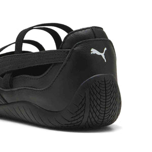 Puma Speedcat Ballet triple black shoe back close-up view showing white Puma cat heel logo.