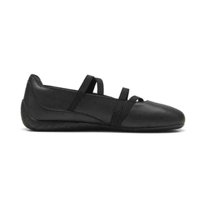 Puma Speedcat Ballet triple black women shoes profile view showing crossover straps detail.