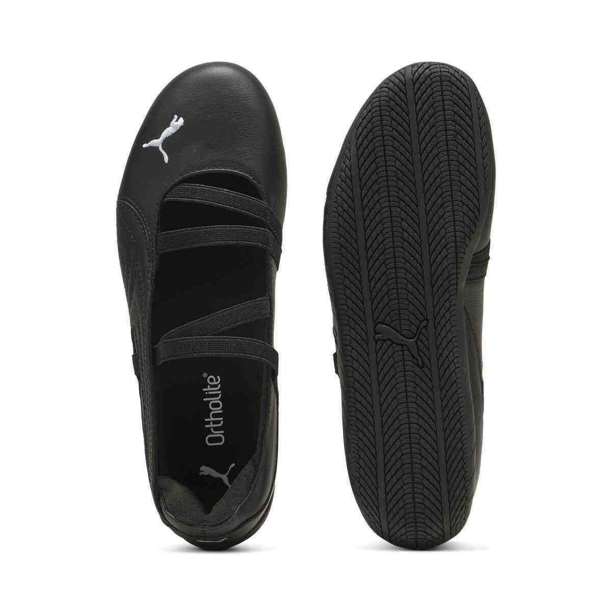 Puma Speedcat Ballet triple black shoes top insole view and bottom rubber outsole pattern.
