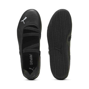 Puma Speedcat Ballet triple black shoes top insole view and bottom rubber outsole pattern.