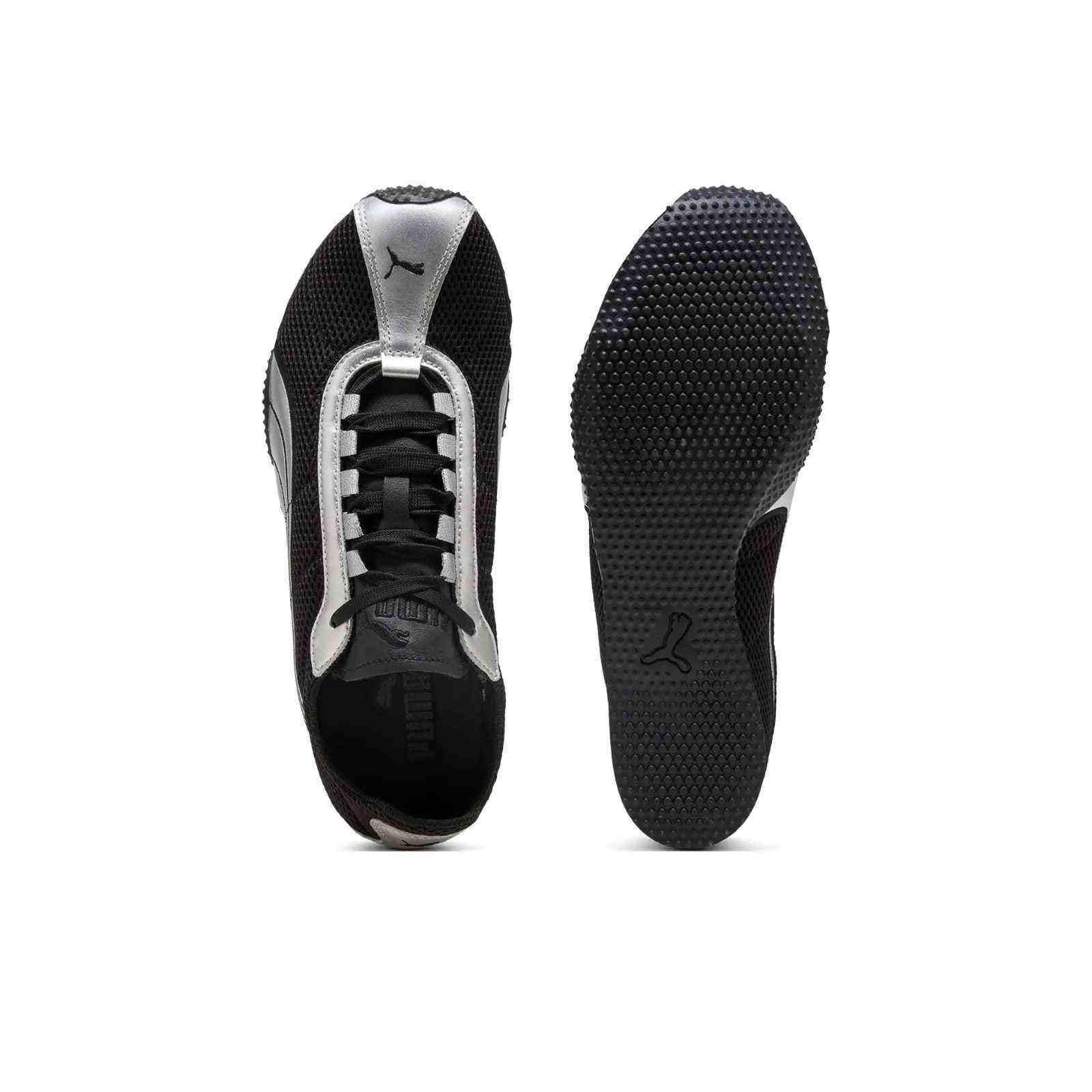 Puma Speedcat black silver mesh shoe top insole view and bottom rubber outsole pattern.