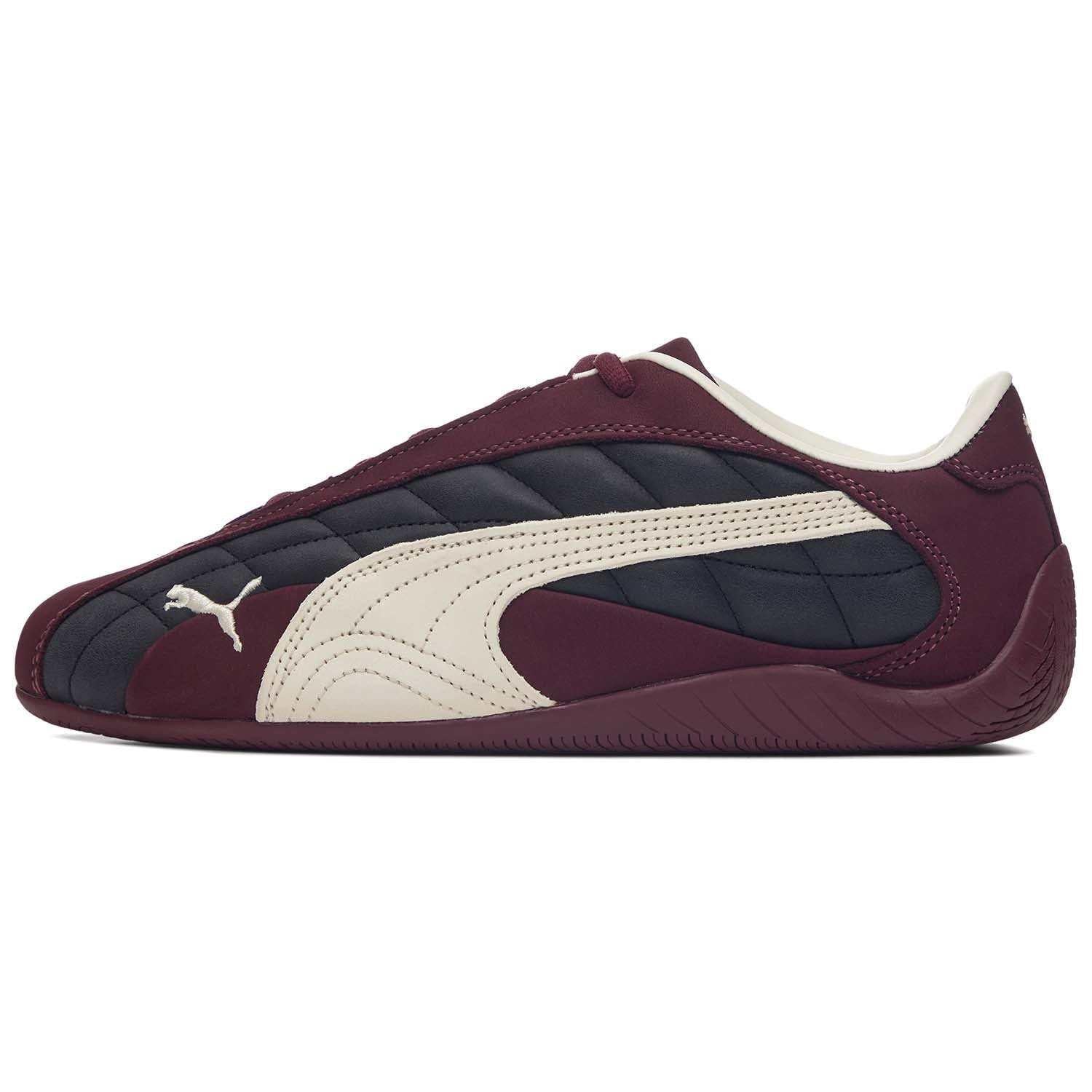 Puma Speedcat burgundy black white shoes inner side profile view on clean background.