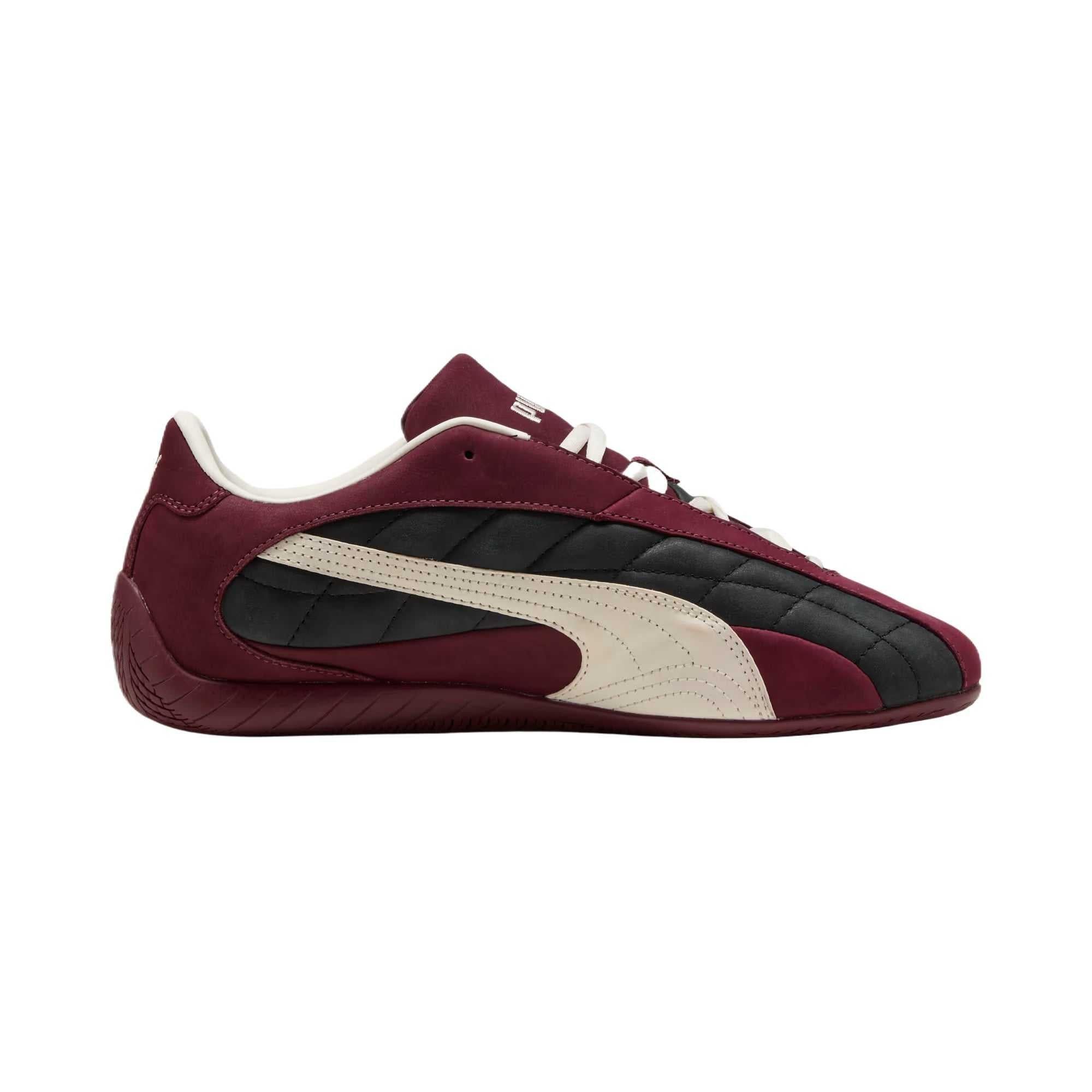 Puma Speedcat burgundy black white unisex shoes profile view showing suede upper finish.