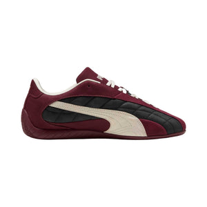 Puma Speedcat burgundy black white unisex shoes profile view showing suede upper finish.