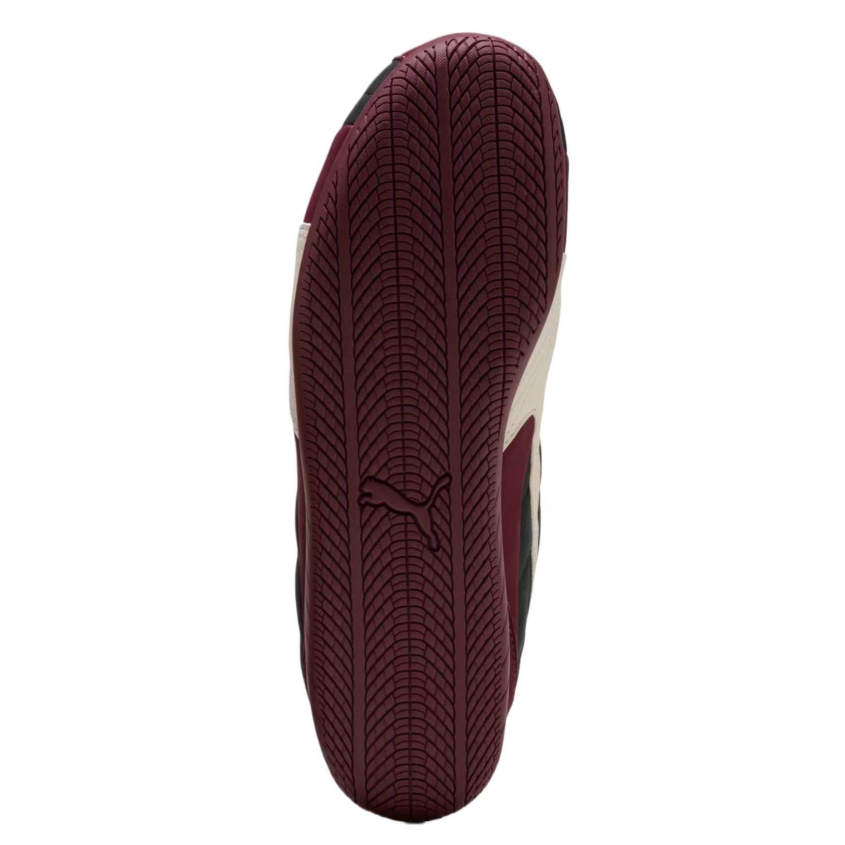 Puma Speedcat burgundy black white shoes bottom rubber outsole view with tread design.