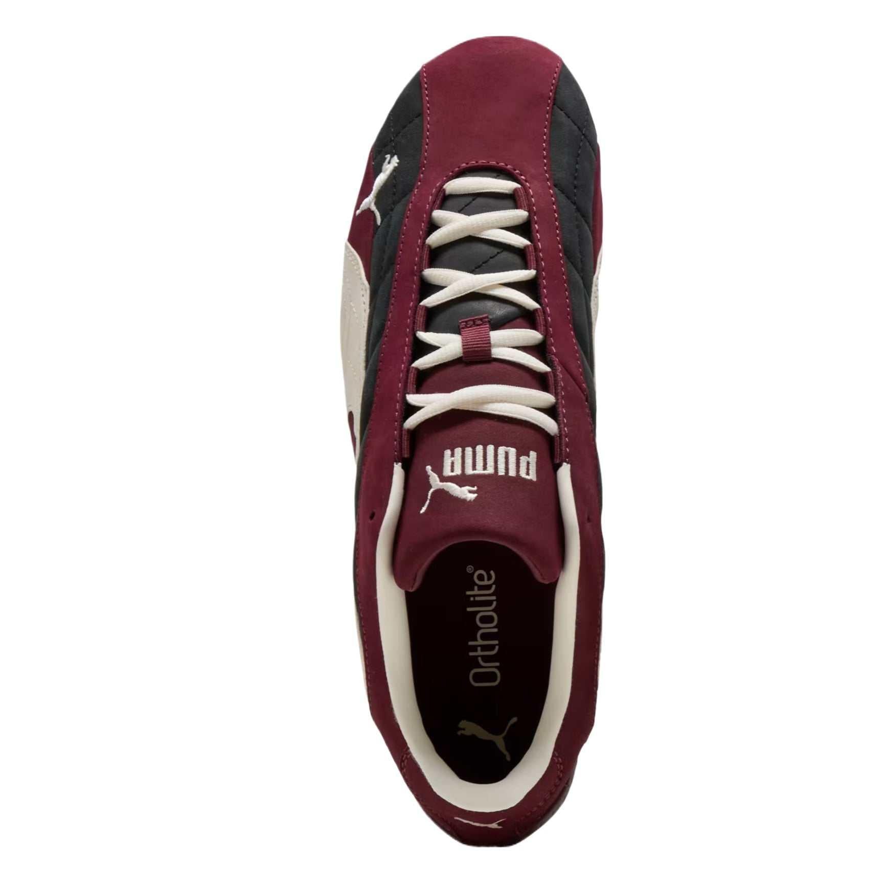 Puma Speedcat burgundy black white shoes top view showing laces and inner lining detail.