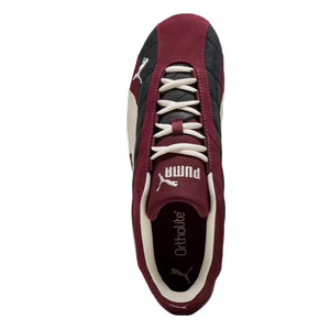 Puma Speedcat burgundy black white shoes top view showing laces and inner lining detail.
