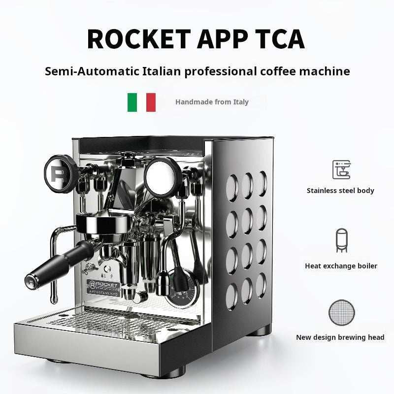 ماكينة تحضير اسبرسو منزلية Rocket APP TCA الذكية features poster يوضح التطبيق والتصاميم الإيطالية.