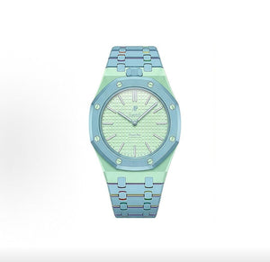 Front view of Royal Pop Blue Acht watch with a light green dial, octagonal light blue bezel, and a matching patterned strap on a white background.