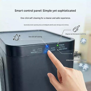 A close-up of a finger pressing the smart LED touch control panel on a black ice maker machine.