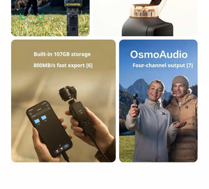 كاميرا DJI Osmo Pocket 4 لتصوير 4K مع مثبت Gimbal وتتبع ذكي.