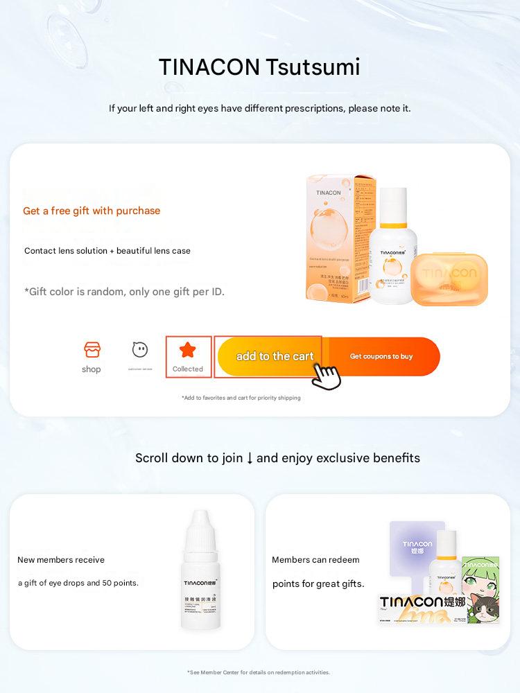 Promotional page for Tinacon Korean contact lenses solution and moisturizing eye drops for sensitive eyes.