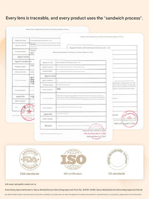 Quality assurance and ISO certificates document for Tinacon colored contact lenses proving safety and high standards.