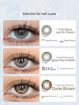 Catalog page showcasing Tinacon natural contact lenses including Thai Flavor Grey and Dune Brown variants with technical specs.