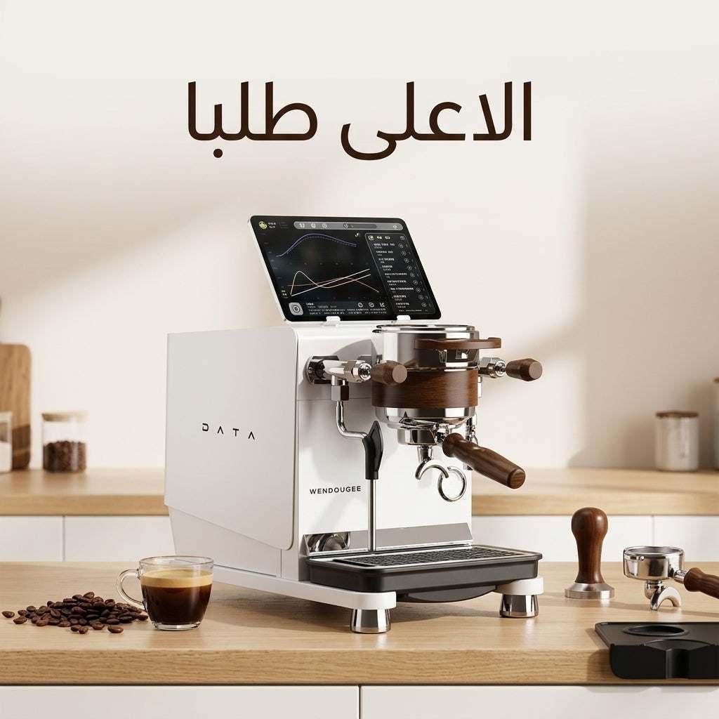 ماكينة اسبريسو احترافية Wendougee DATA باللون الأبيض banner view توضح تحضير الإسبريسو المنزلي.