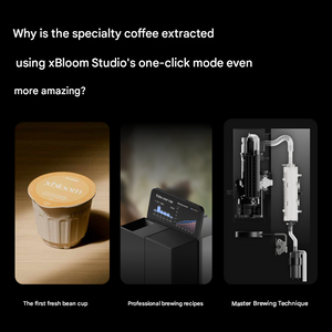 An informational graphic about the xBloom Studio Enterprise | ماكينة اكسبلوم للاستخدام التجاري, highlighting its one-click mode for specialty coffee. The image shows three key features: 'The first fresh bean cup', 'Professional brewing recipes', and 'Master Brewing Technique'. It answers the question: Why is the specialty coffee extracted using xBloom Studio's one-click mode even more amazing? This visual showcases the advanced technology and consistency that make it ideal for commercial use.