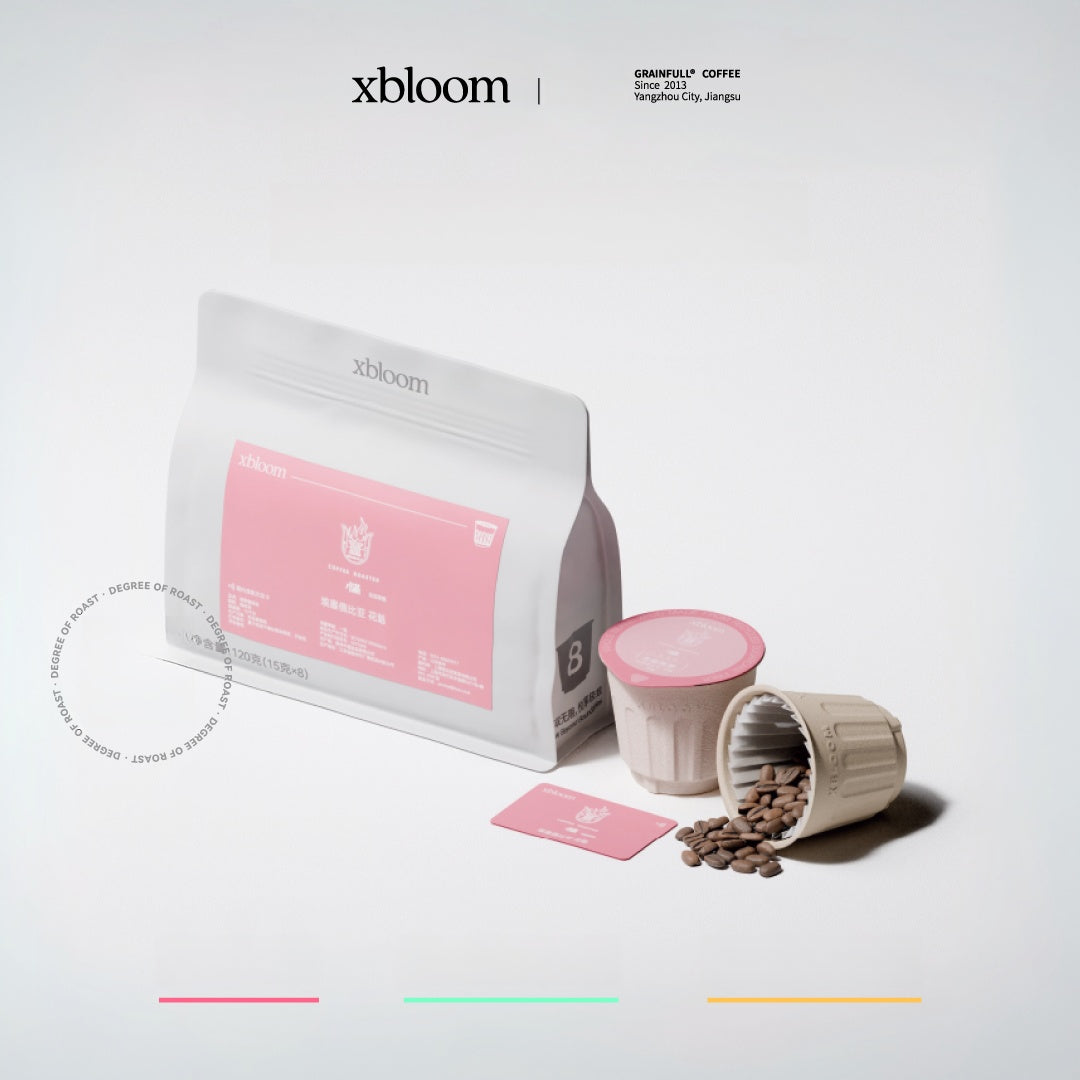 A clean studio shot of xBloom xpods showing the specialty coffee packaging, a single capsule, and roasted coffee beans flowing out of a pod, perfect for showcasing كبسولات إكسبلوم on a light grey background.