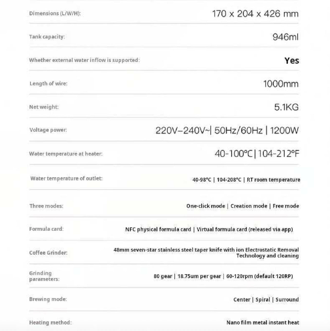 ورقة المواصفات الفنية لماكينة xbloom technical specifications sheet توضح الأبعاد والأداء.