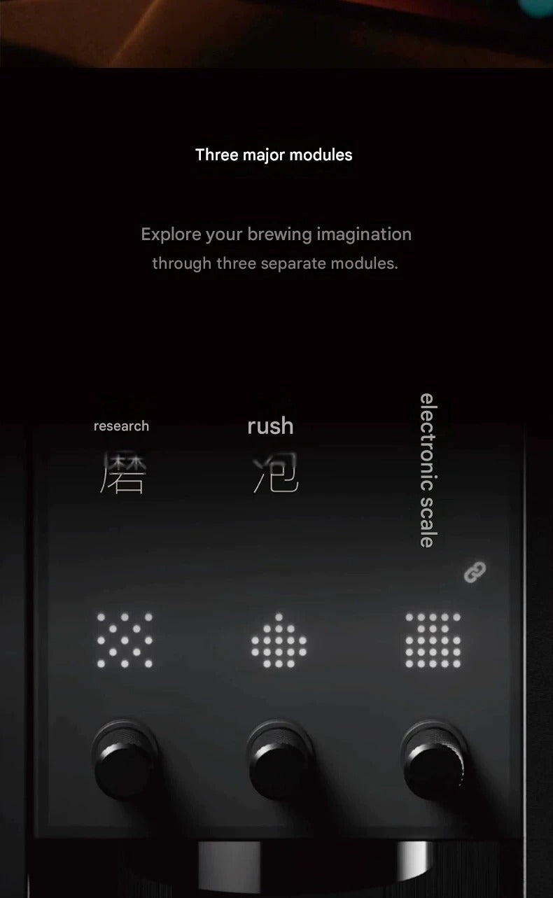 Close-up of the elegant physical control knobs and LED icons on the front panel of the xBloom Enterprise coffee machine.