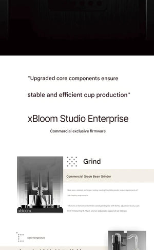 Technical graphic showing the internal commercial grinder and burrs of the xBloom Studio Enterprise machine.