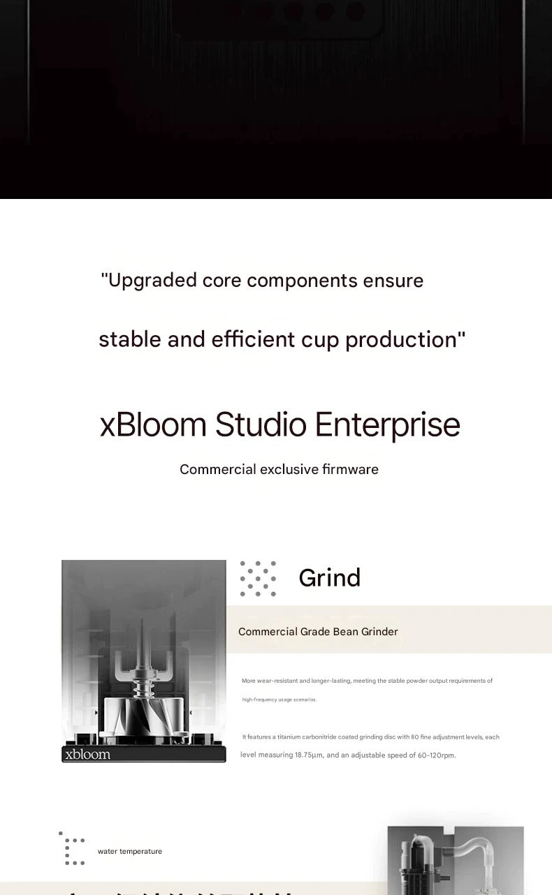 Technical graphic showing the internal commercial grinder and burrs of the xBloom Studio Enterprise machine.